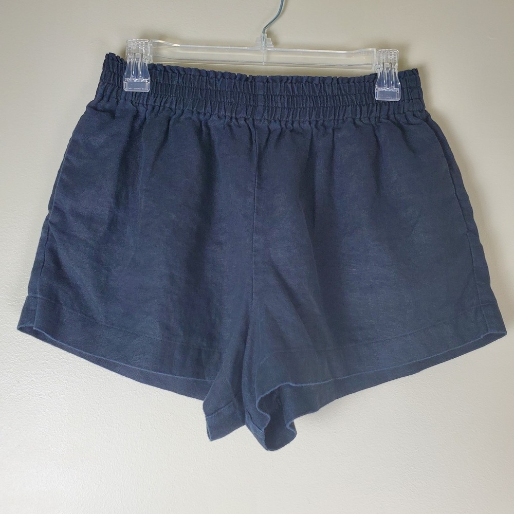 Reformation Women's Black Linen Shorts Medium Pockets Smocked Waist Quiet Luxury